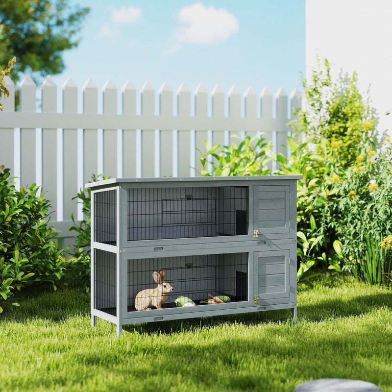 HKM-1866685 2-Story Wooden Rabbit Hutch with Waterproof Roof and Lockable Doors, Gray Small Animal Habitat
