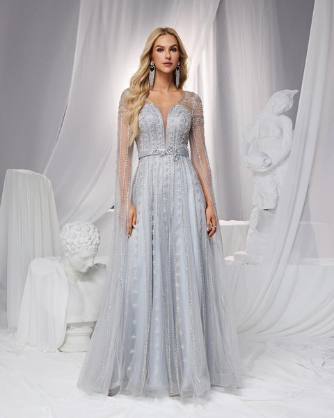HKM-186899 Elegant Silver Evening Dress for Women - Classy and Timeless Design