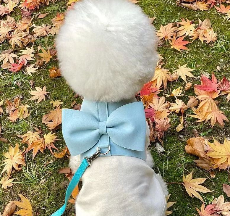 HKM-1872061 Handmade Pet Fleece Bow Chest Strap Lead Rope in Light Blue and Light Pink