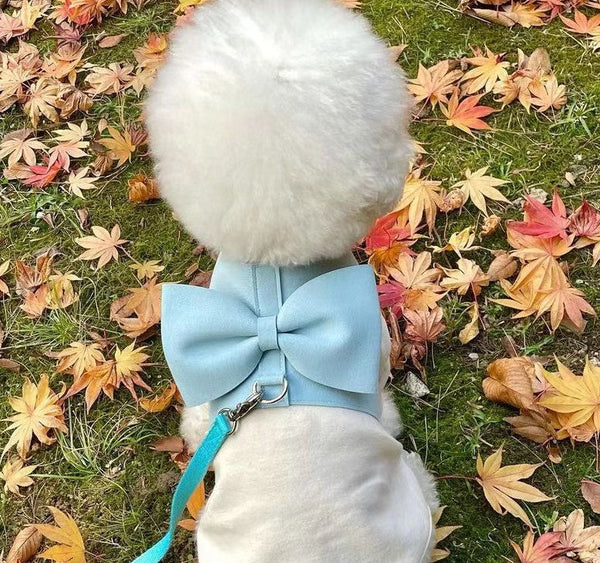 HKM-1872061 Handmade Pet Fleece Bow Chest Strap Lead Rope in Light Blue and Light Pink