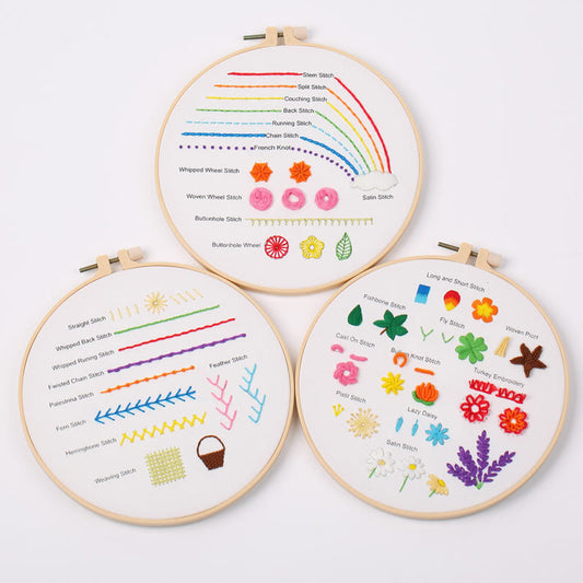 HKM-187347 Embroidery Beginner Material Package Kit with Flower and Leaf Patterns, Includes Frame and Accessories