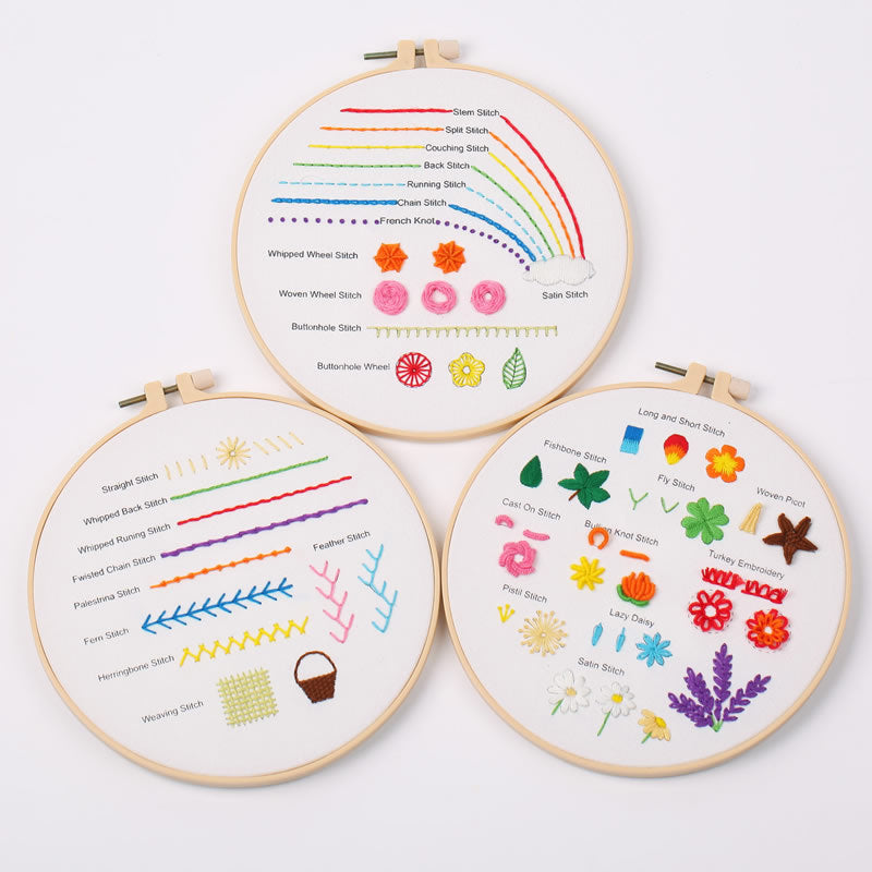 HKM-187347 Embroidery Beginner Material Package Kit with Flower and Leaf Patterns, Includes Frame and Accessories