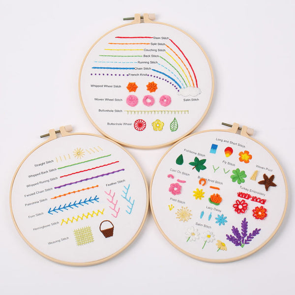 HKM-187347 Embroidery Beginner Material Package Kit with Flower and Leaf Patterns, Includes Frame and Accessories