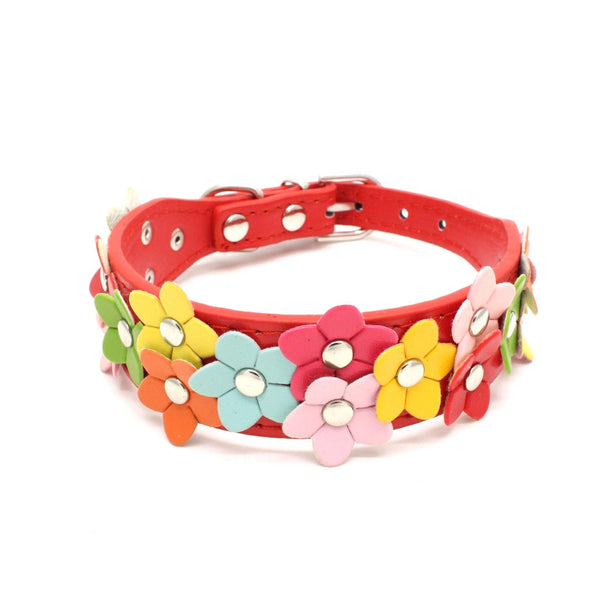 HKM-1880509 Colorful Double Row Floral Pet Collar - Adjustable PU Material for XS, S, M Sizes