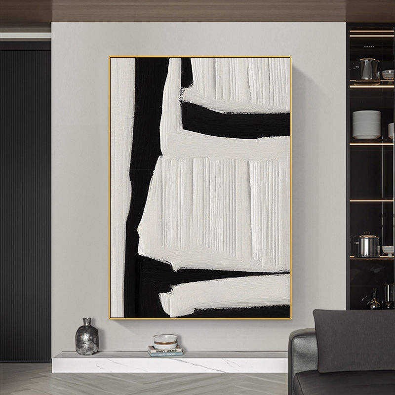 HKM-188435 Large Black and White Abstract Textured Wall Art - Handmade Oil Painting on Canvas for Modern Home Decor
