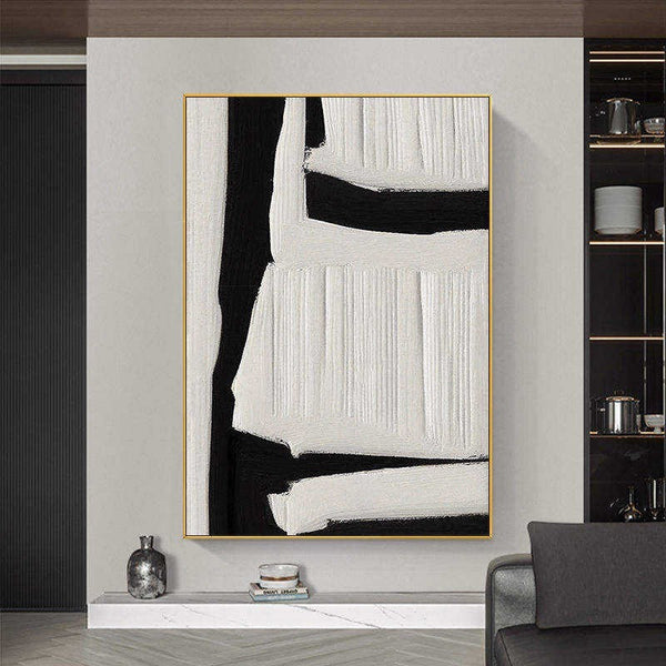 HKM-188435 Large Black and White Abstract Textured Wall Art - Handmade Oil Painting on Canvas for Modern Home Decor