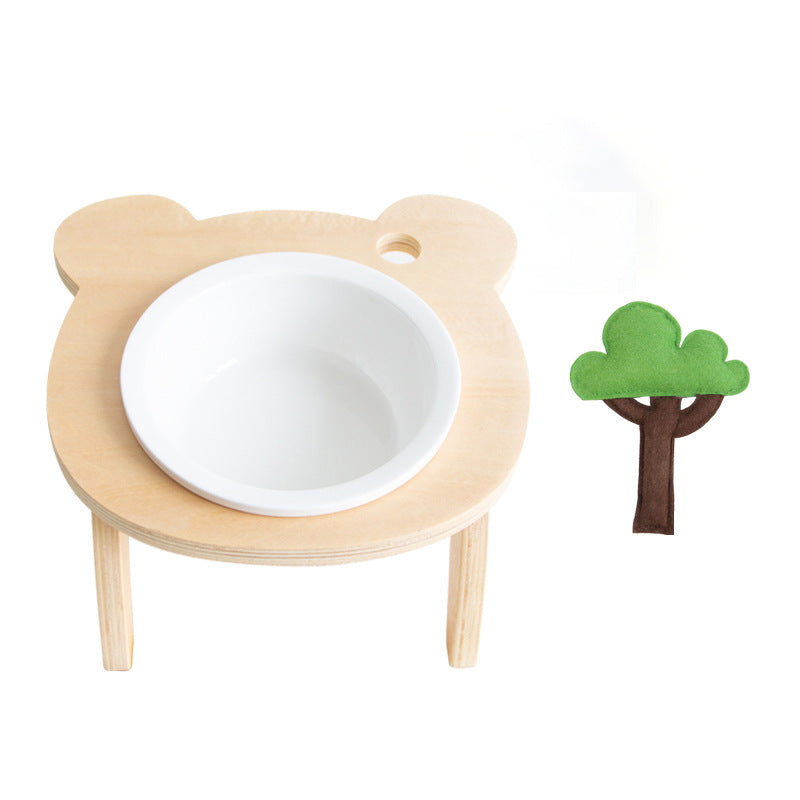 HKM-1884477 Oblique Mouth Wooden Cat Food Bowl Holder with Elevated Design