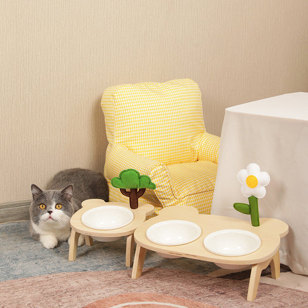 HKM-1884477 Oblique Mouth Wooden Cat Food Bowl Holder with Elevated Design