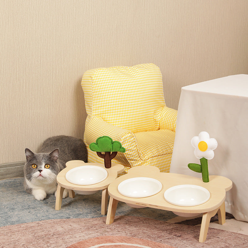 HKM-1884477 Oblique Mouth Wooden Cat Food Bowl Holder with Elevated Design