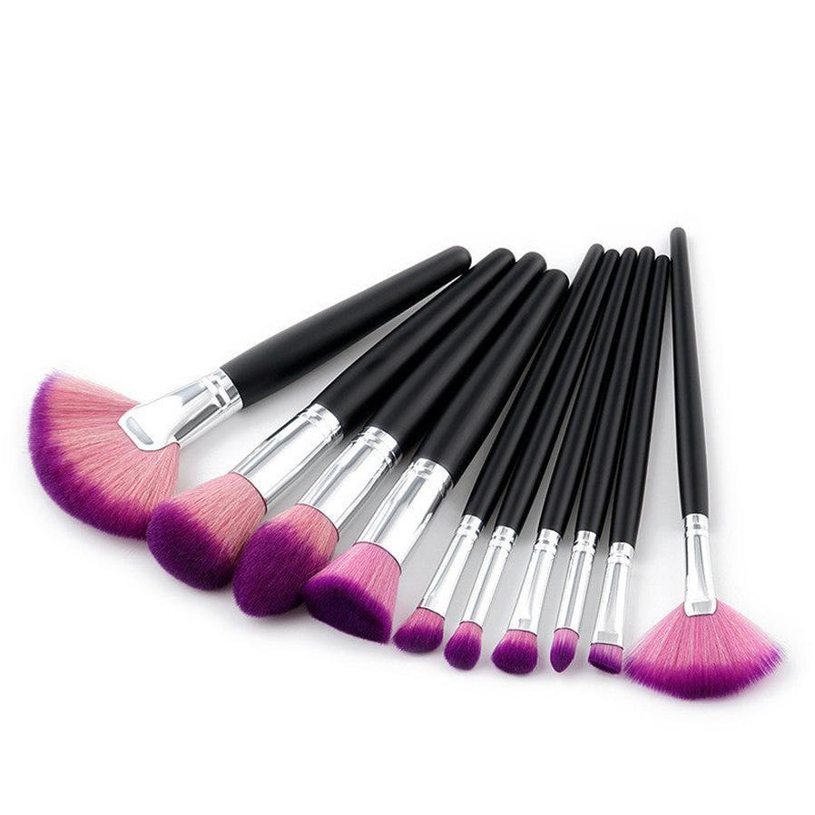 HKM-188563 10-Piece Nylon Makeup Brush Set with Long Wooden Handles