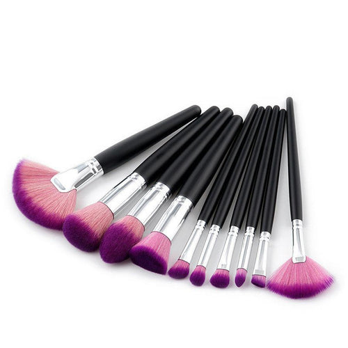 HKM-188563 10-Piece Nylon Makeup Brush Set with Long Wooden Handles