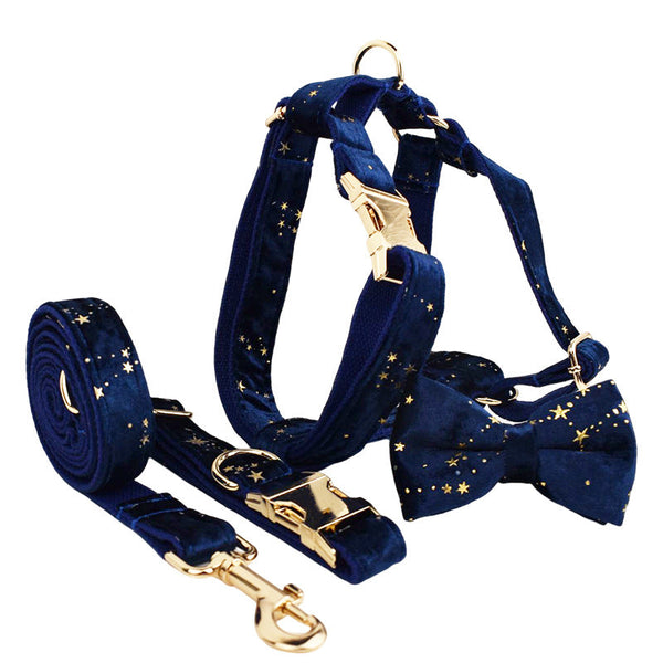 HKM-1885757 Soft Velvet Fabric Dog Collar with Leash, Bow, Flower, Vest, and Poop Bag - Adjustable Sizes XS to XL