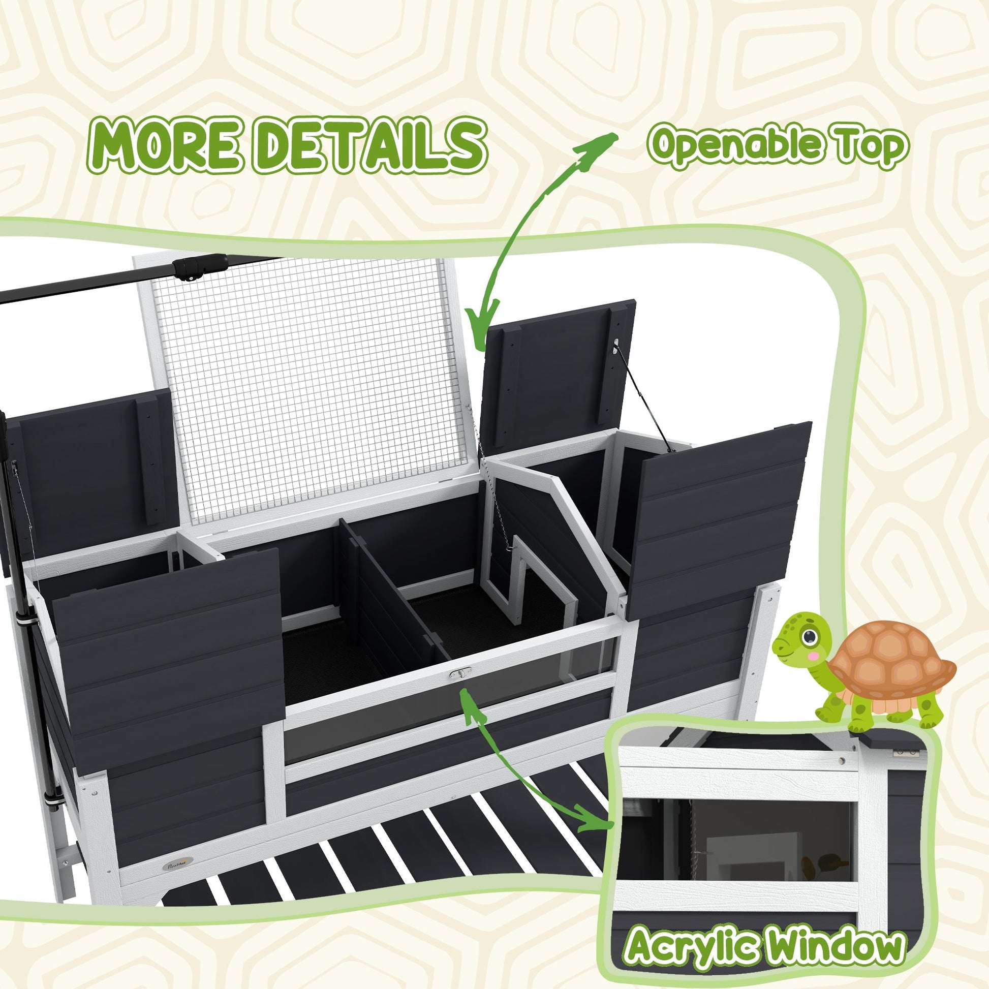 HKM-1887933 Gray Wooden Tortoise Enclosure with Adjustable Lamp Holder, Dual Hide Boxes, and Storage Shelf