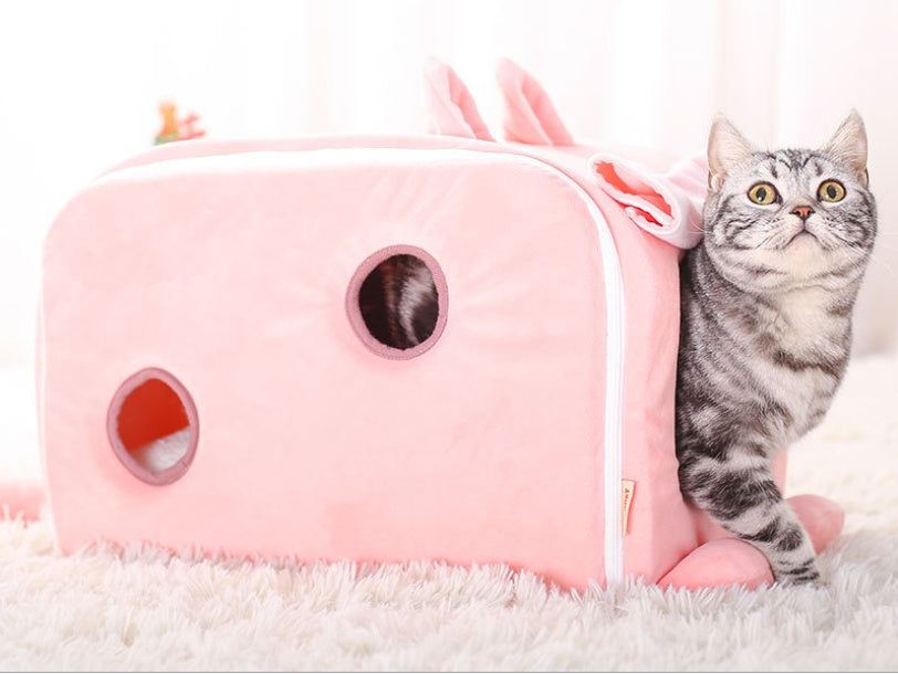 HKM-1888317 Winter Cat Litter Nest - Soft Cloth Design, Available in Pink Ice Cream, Rabbit, and Money Bag Styles