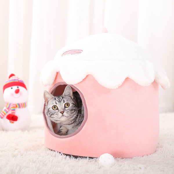 HKM-1888317 Winter Cat Litter Nest - Soft Cloth Design, Available in Pink Ice Cream, Rabbit, and Money Bag Styles
