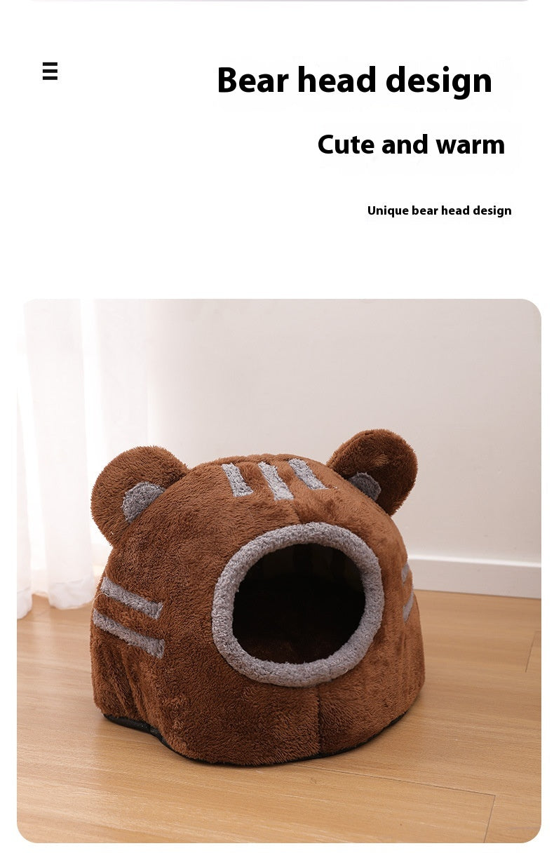 HKM-1890109 Cozy Semi-Closed Bear Head Cat Nest with Detachable Design for Autumn and Winter