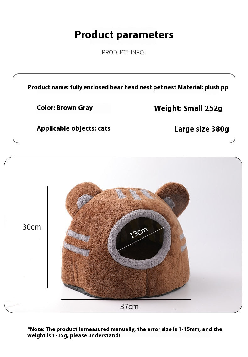 HKM-1890109 Cozy Semi-Closed Bear Head Cat Nest with Detachable Design for Autumn and Winter