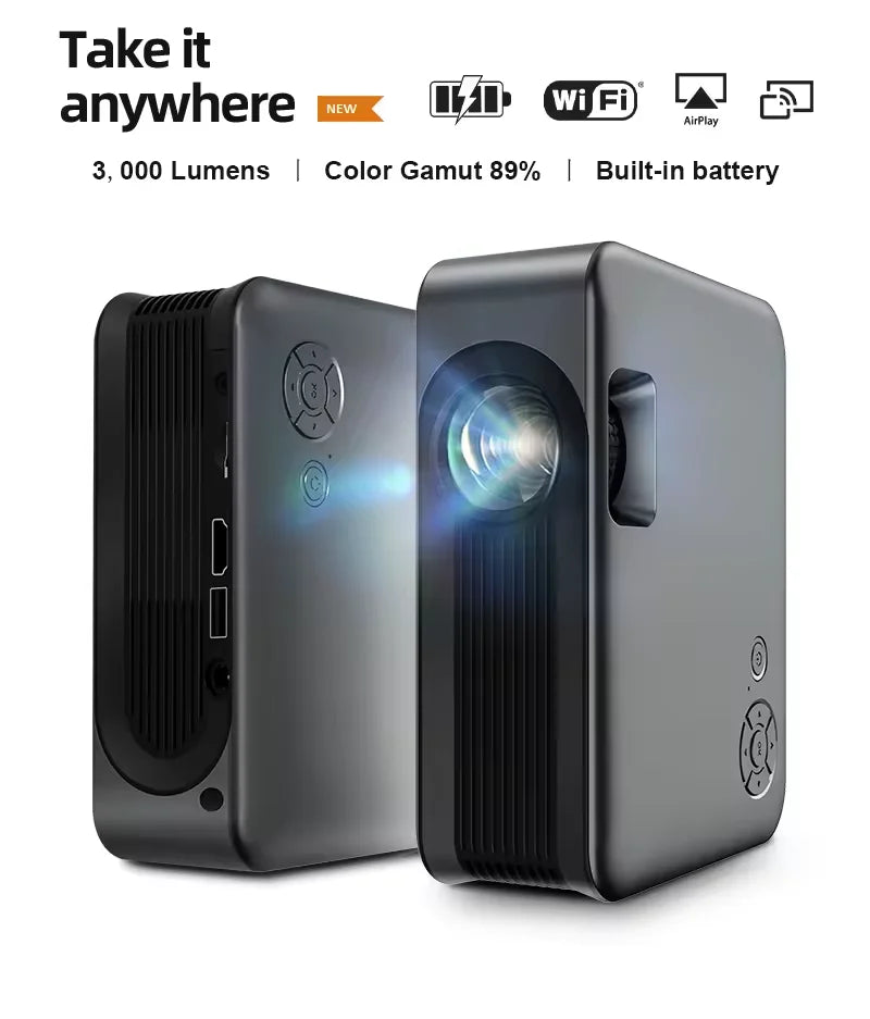 HKM-189011 Portable 1080p Smart WiFi LED Projector with Built-in Battery for 3D and 4K Cinema Experience
