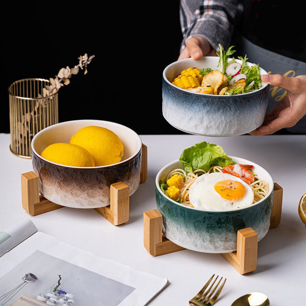 HKM-1890237 Ceramic Anti-Overturning Pet Bowl in Gradient Stone Colors with Optional Wood Rack