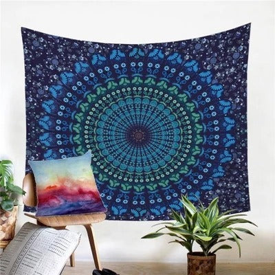 HKM-189203 Spiral Sapphire Patterned Wall Tapestry in 100% Polyester, Machine Washable