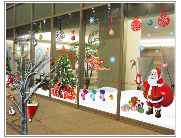 HKM-189267 Santa Claus Christmas Tree Wall Mural Sticker - Waterproof PVC Decor (2 Pieces)