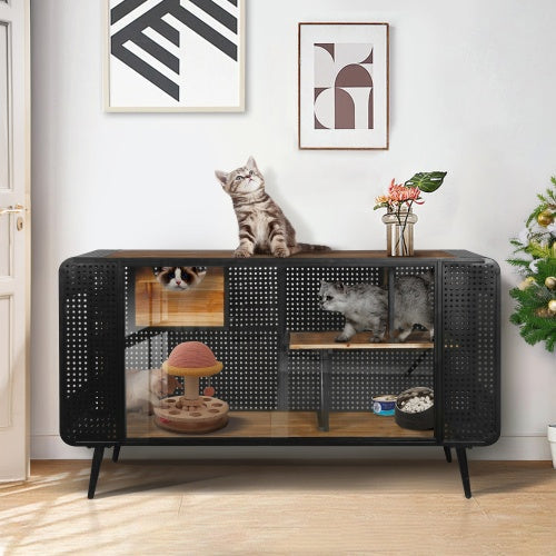 HKM-189651 Spacious Cat House with Tempered Glass Doors for Living Rooms and Dens