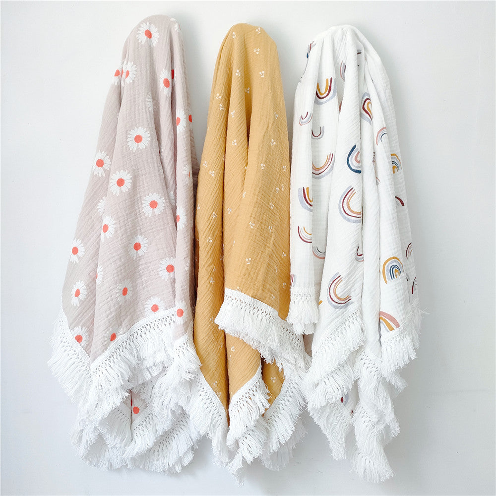 HKM-189971 Children's Pure Cotton Printed Tassel Blanket - Soft, Skin-Friendly Baby Gauze for All Seasons (100x120cm)
