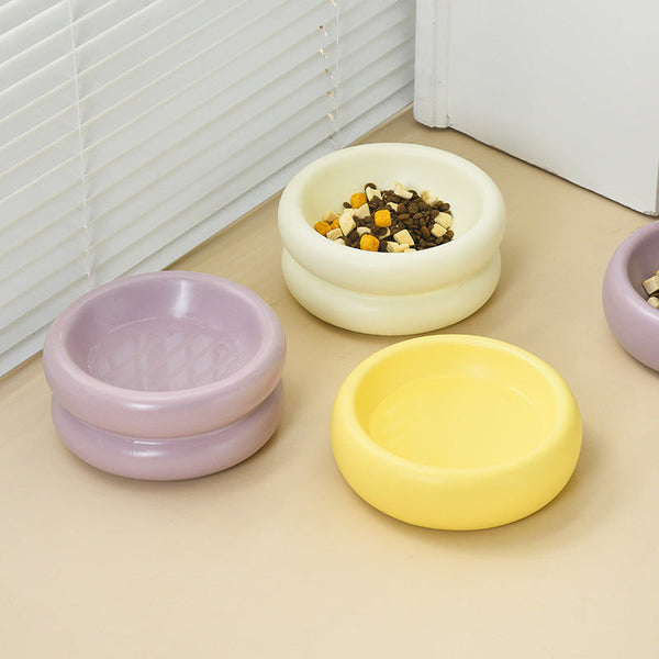 HKM-1901757 Elevated Ceramic Cat Food Bowl with Wide Mouth - 350ml Options in Off-white, Cream Yellow, Purple