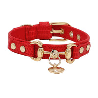 HKM-1903549 Lizard Pattern Double Buckle Leather Pet Collar in Wine Red, Red, and Green - Various Sizes Available