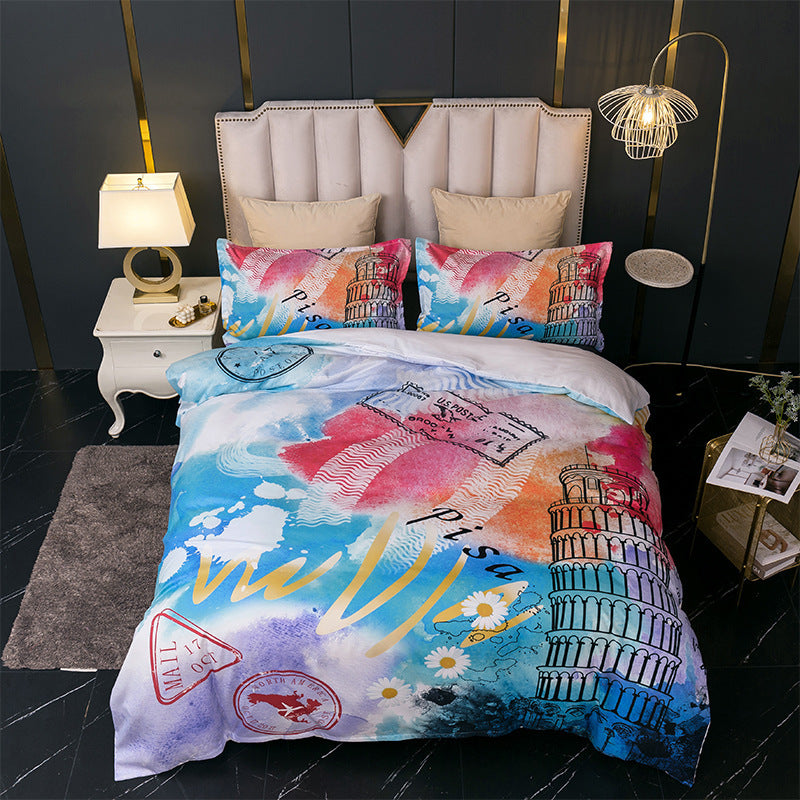 HKM-190611 Landscape 3D Printed Three-Piece Bedding Set in Floral Design for 1.8m Bed