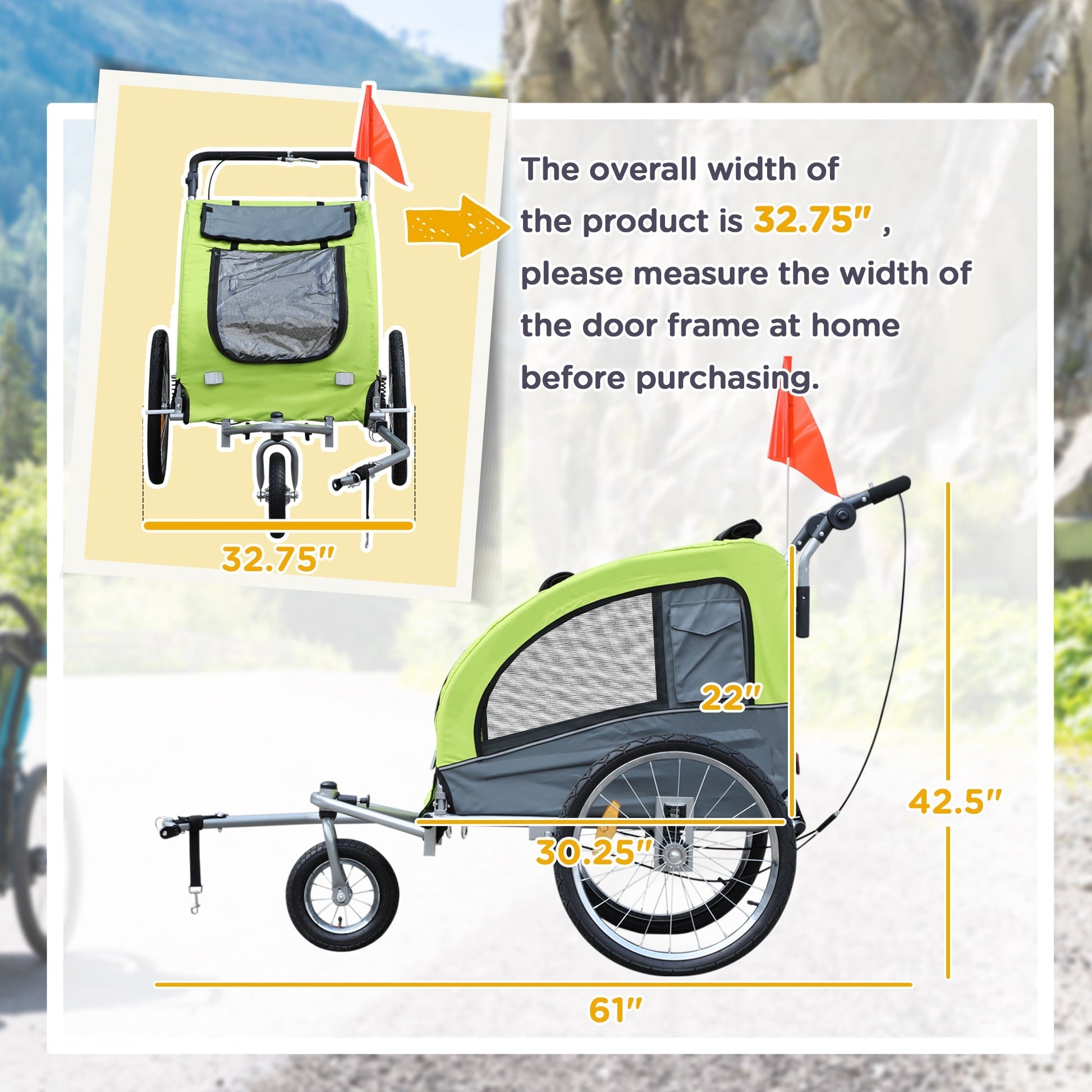 HKM-1907005 Pet Bike Trailer and Stroller with Canopy and Storage Pockets, Green