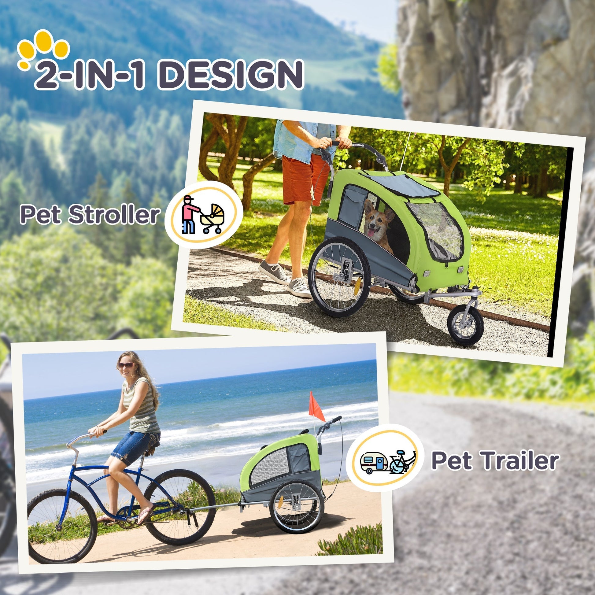 HKM-1907005 Pet Bike Trailer and Stroller with Canopy and Storage Pockets, Green