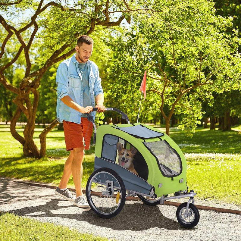 HKM-1907005 Pet Bike Trailer and Stroller with Canopy and Storage Pockets, Green