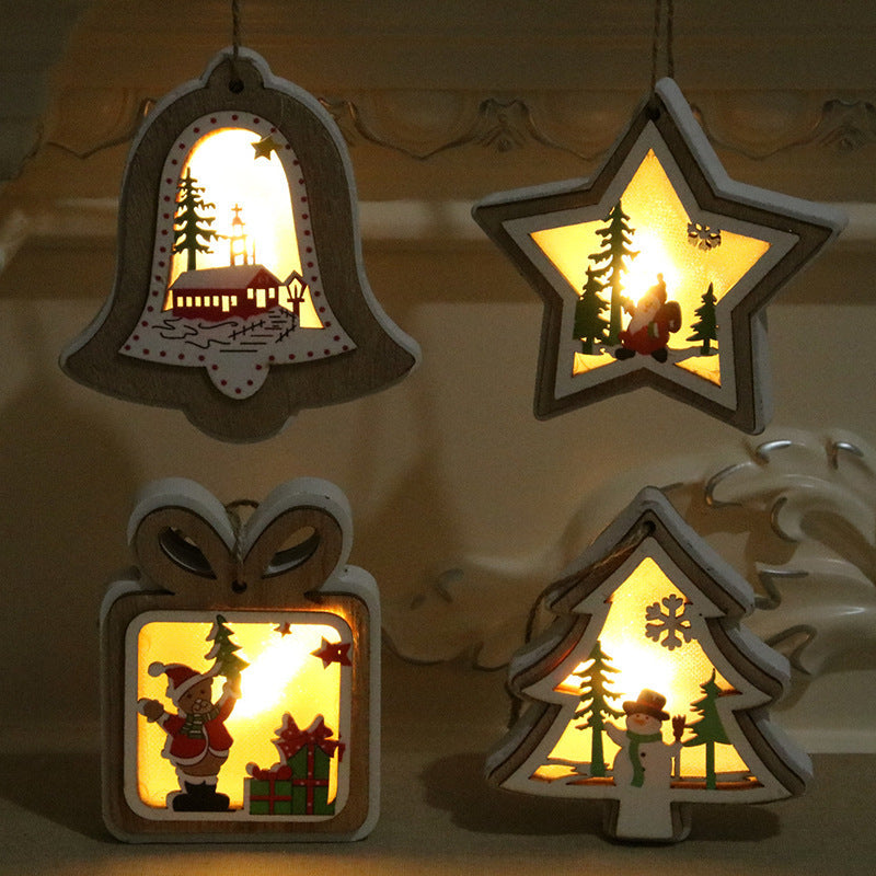 HKM-190931 Polychromatic Luminescent Wood Pendant - Bell, Star, Christmas Tree, and Gift Bag Styles