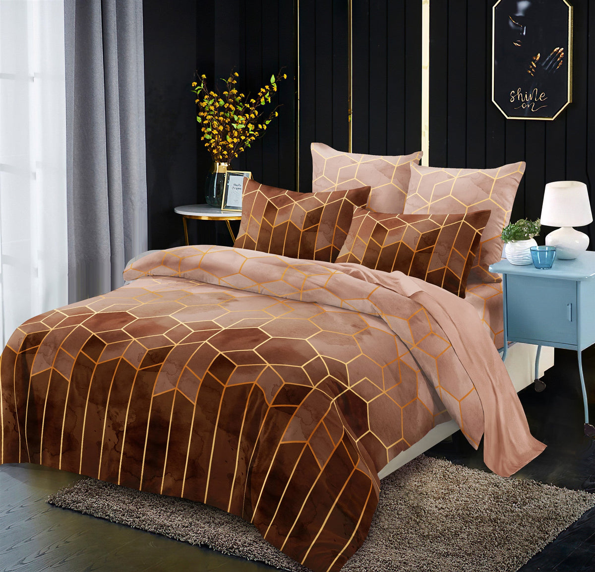 HKM-191123 Gilt Line Geometric Elements Quilt Cover Set - Polyester Bedding with Plain Jacquard Design