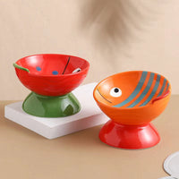 HKM-1911485 Ceramic Cat Bowl with Anti-Tip Design in Orange and Red Options
