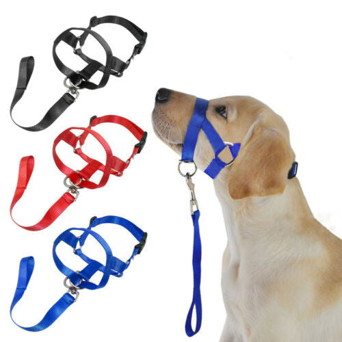 HKM-1916861 Nylon Dog Muzzle Cover with Adjustable Leash - Available in Black, Red, and Blue