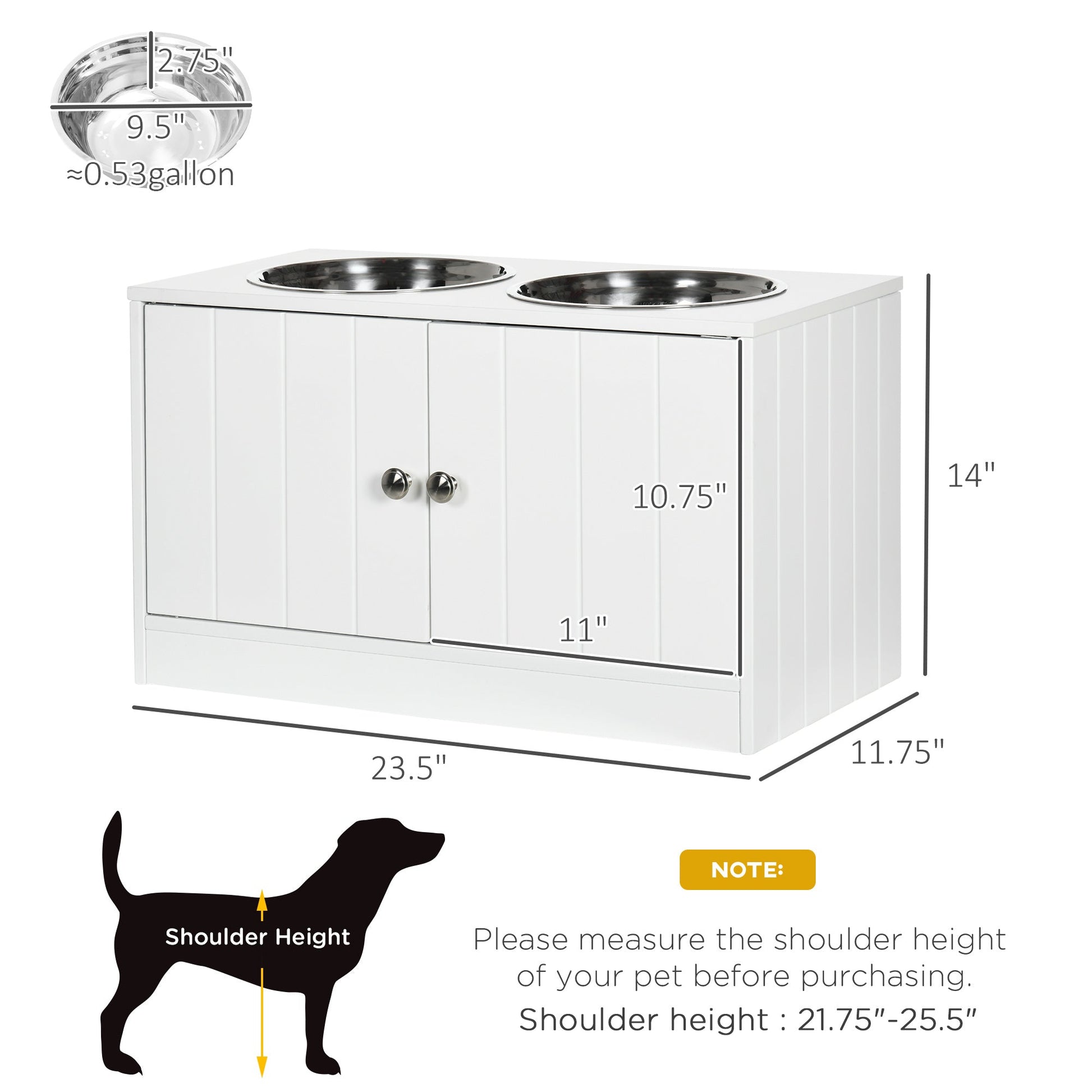 HKM-1917245 Large Elevated Dog Bowl Stand with 44L Storage Cabinet and Stainless Steel Bowls in Cotton White