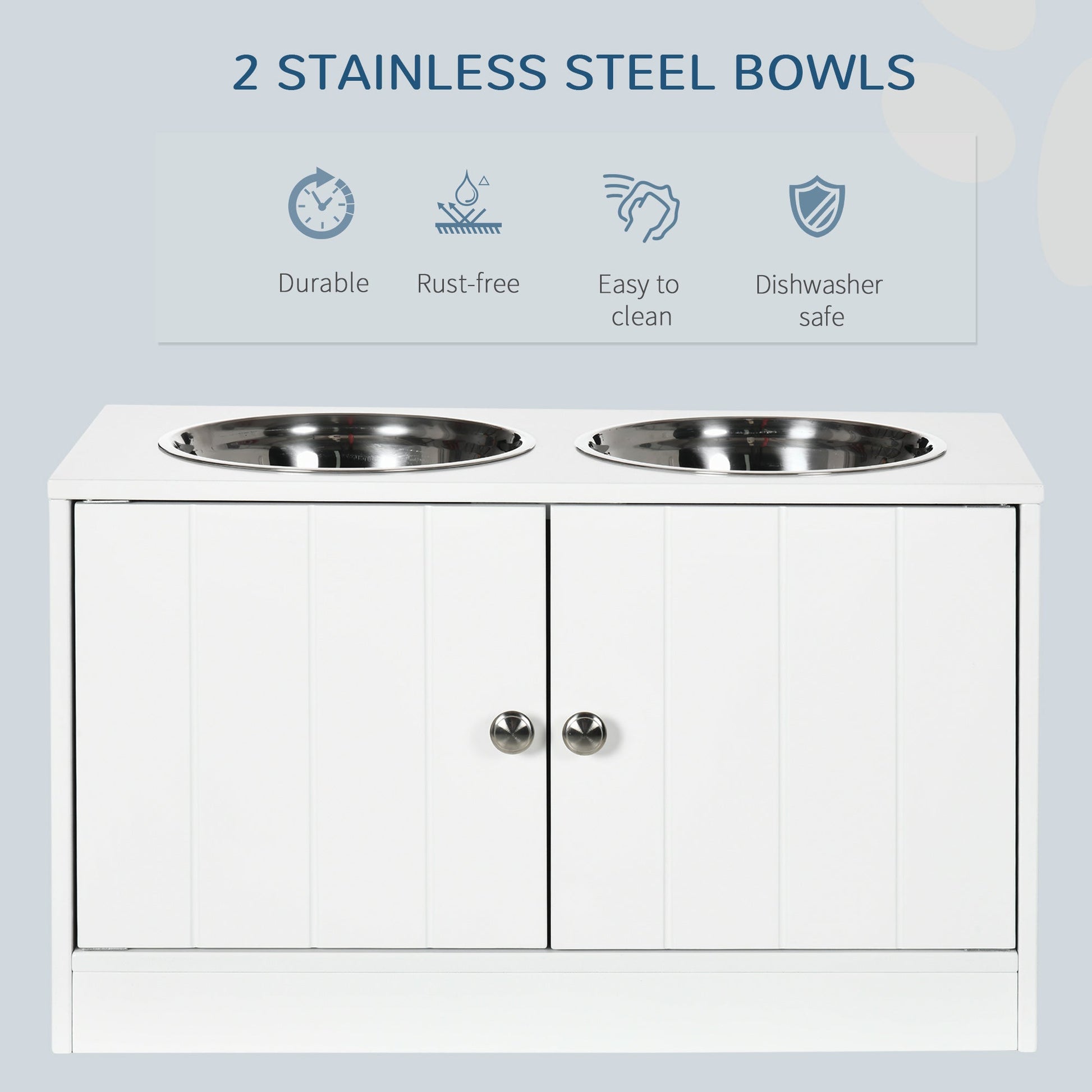 HKM-1917245 Large Elevated Dog Bowl Stand with 44L Storage Cabinet and Stainless Steel Bowls in Cotton White
