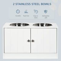 HKM-1917245 Large Elevated Dog Bowl Stand with 44L Storage Cabinet and Stainless Steel Bowls in Cotton White