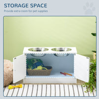 HKM-1917245 Large Elevated Dog Bowl Stand with 44L Storage Cabinet and Stainless Steel Bowls in Cotton White