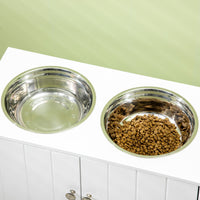 HKM-1917245 Large Elevated Dog Bowl Stand with 44L Storage Cabinet and Stainless Steel Bowls in Cotton White
