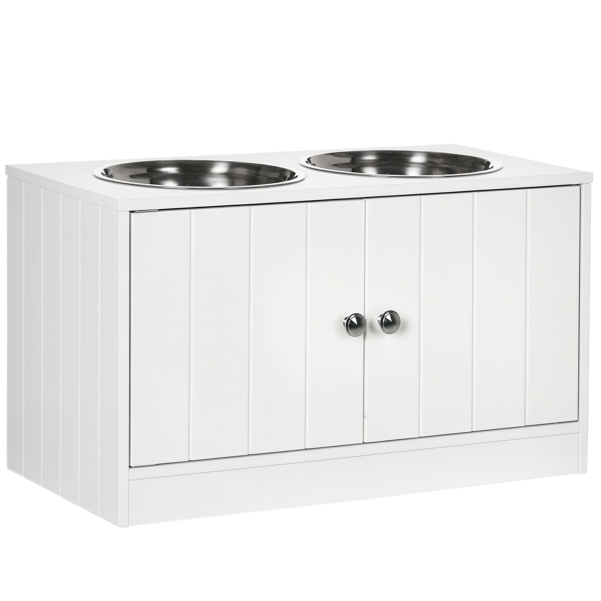 HKM-1917245 Large Elevated Dog Bowl Stand with 44L Storage Cabinet and Stainless Steel Bowls in Cotton White