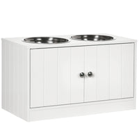 HKM-1917245 Large Elevated Dog Bowl Stand with 44L Storage Cabinet and Stainless Steel Bowls in Cotton White