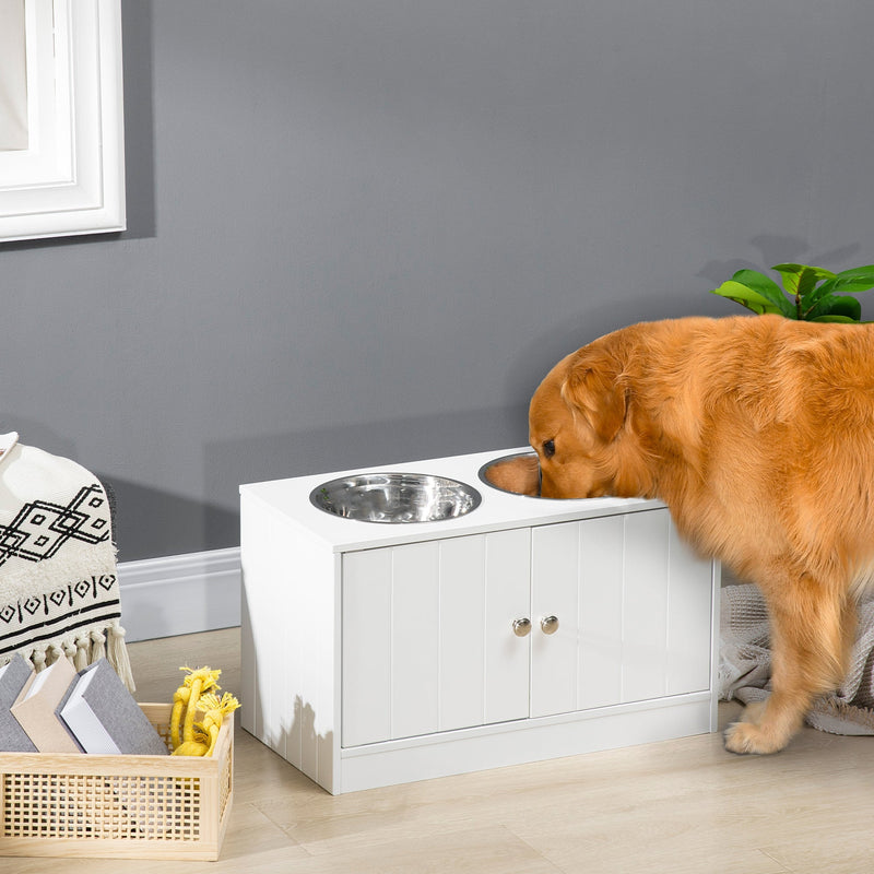 HKM-1917245 Large Elevated Dog Bowl Stand with 44L Storage Cabinet and Stainless Steel Bowls in Cotton White