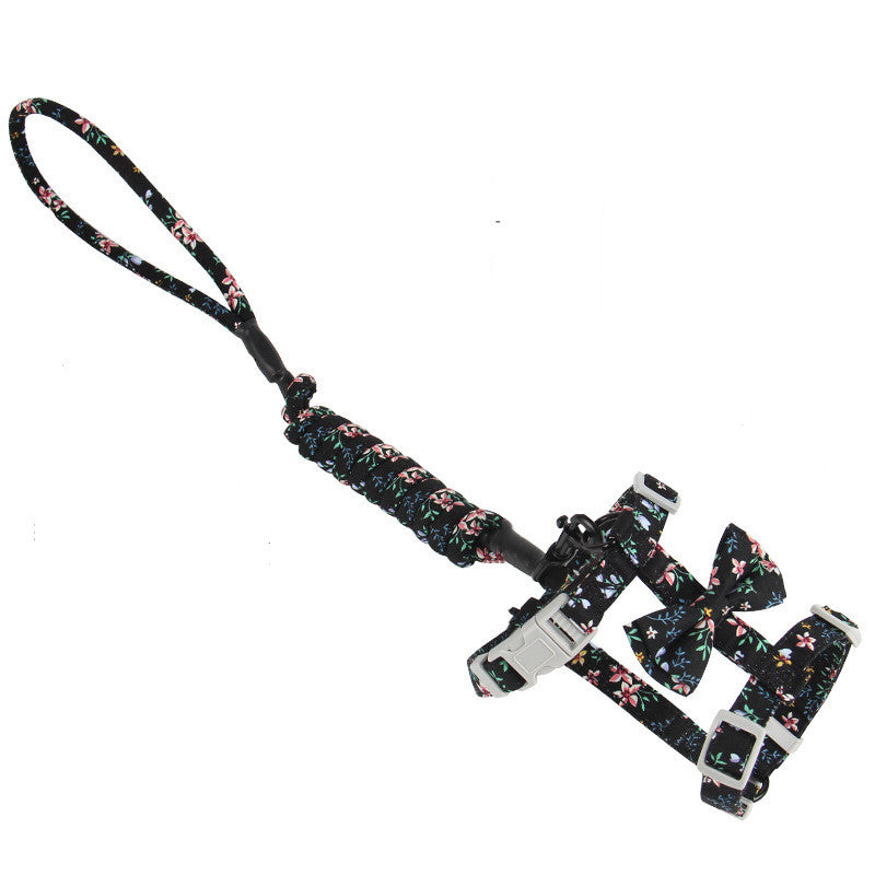 HKM-1918525 Japanese Style Floral Cat Leash in Navy Blue and Pink Cherry - Adjustable Cotton for Comfort