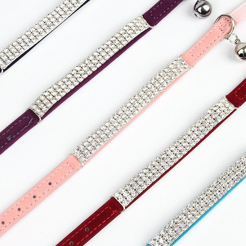 HKM-1919037 Rhinestone-Embellished Suede Cat Collar ¨C Adjustable Velvet in Red, Blue, Purple, Black, Pink