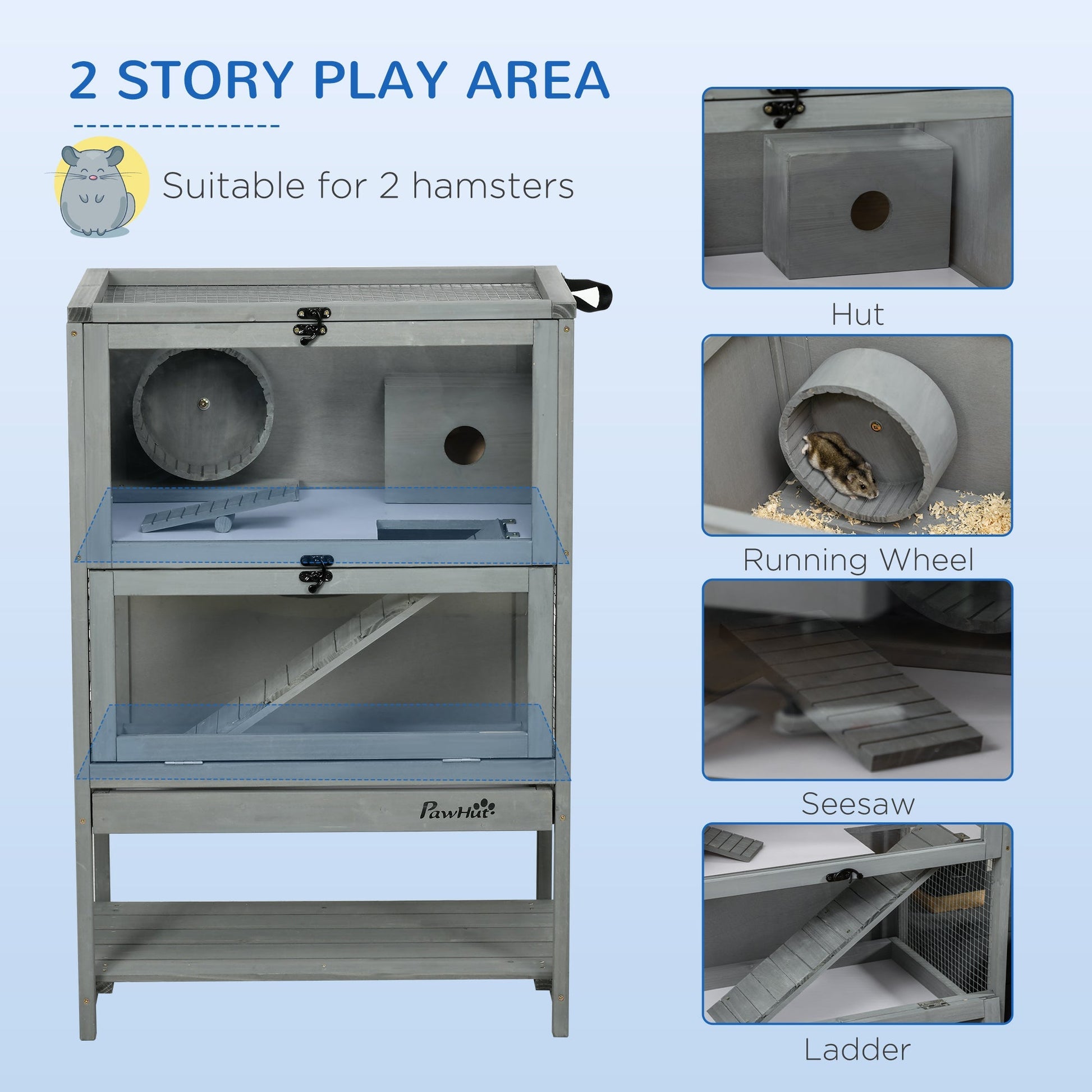 HKM-1926461 Large Wooden Hamster Cage with Storage Shelf, Seesaw, Running Wheel, and Sliding Tray, 35.5" High Small Animal Habitat