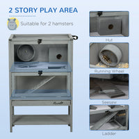 HKM-1926461 Large Wooden Hamster Cage with Storage Shelf, Seesaw, Running Wheel, and Sliding Tray, 35.5" High Small Animal Habitat