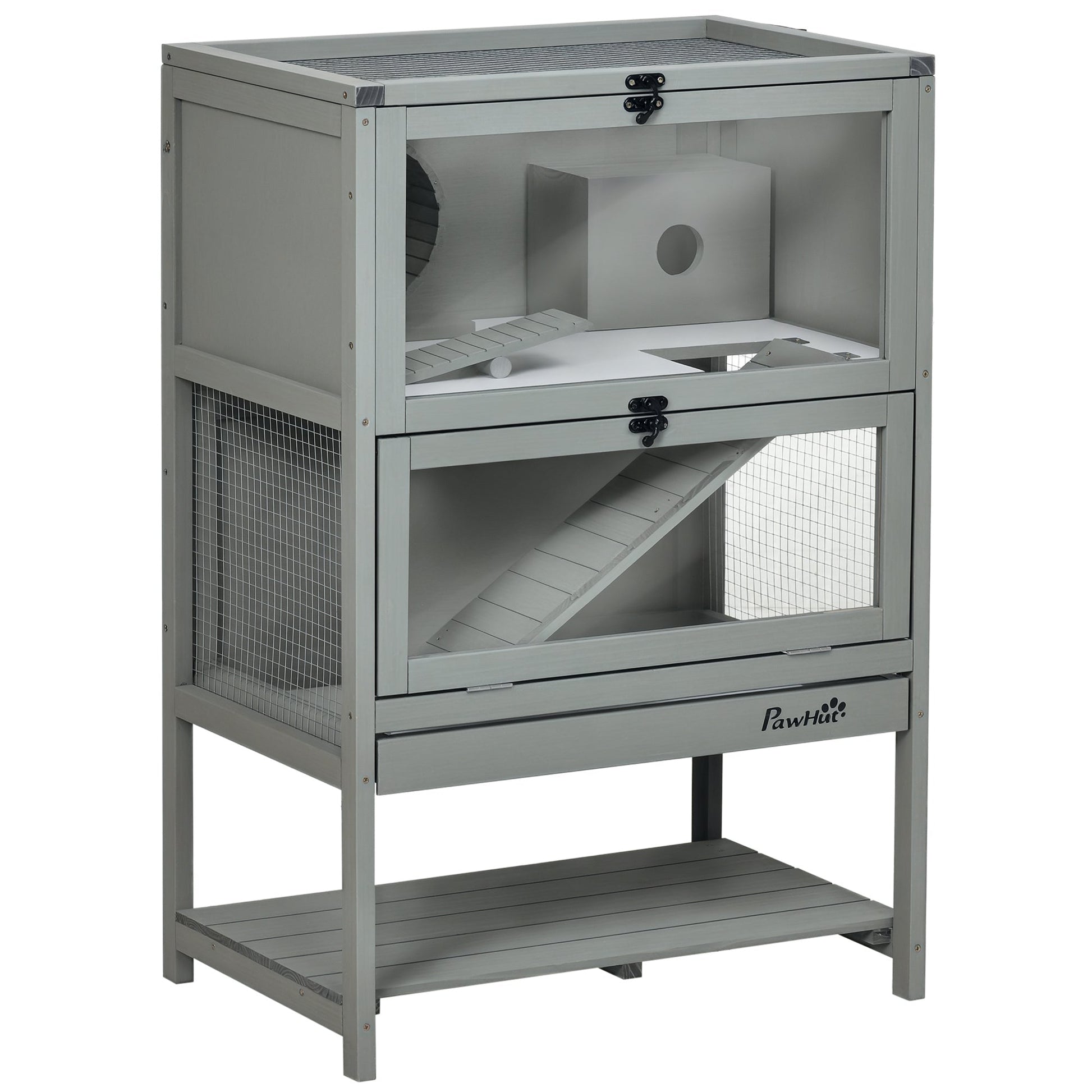 HKM-1926461 Large Wooden Hamster Cage with Storage Shelf, Seesaw, Running Wheel, and Sliding Tray, 35.5" High Small Animal Habitat